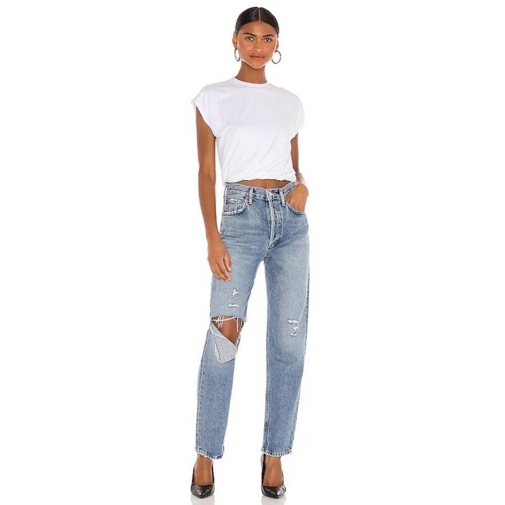 AGOLDE 90s Pinch Waist High Rise Straight Jeans 25 Distressed Light Wash Denim - Picture 7 of 16